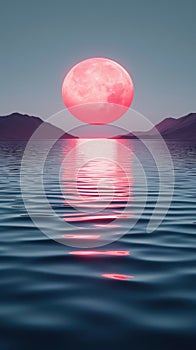 Pink Moon Rising Over Calm Waters in Vertical Serenity. Background for Instagram Story, Banner