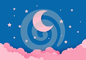 Pink moon and stars in midnight .paper art style