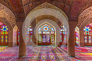 Pink Mosque and its stained glass windows in Shiraz, Iran