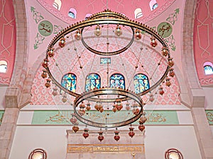 pink mosque ( King Hussain Mosque ) in Madaba, Jordan.