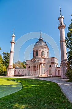 Pink mosque at the Schwetzingen palace in Germany during sunny summer day