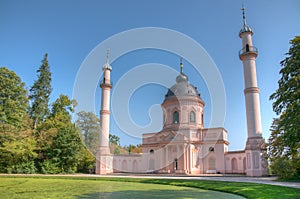 Pink mosque at the Schwetzingen palace in Germany during sunny summer day