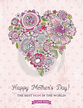 Pink Mother's Day card with big heart of spring flowers, vector