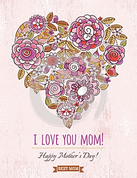 Pink Mothers Day card with big heart of spring flowers, vector