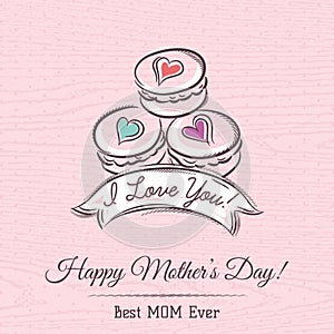 Pink Mothers Day card with macaroni, ribbon and wishes text