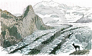 The Pink Mountain Glacier, in the Alps, and its three moraines, vintage engraving photo