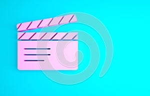 Pink Movie clapper icon isolated on blue background. Film clapper board. Clapperboard sign. Cinema production or media