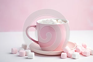 pink mug of cocoa with marshmallows, evoking warmth and holiday cheer, perfect for cozy evenings