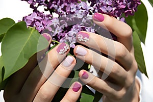 Pink nail design. Female hand with pink manicure holding purple lilac