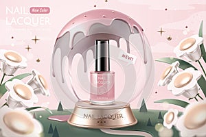 Pink nail lacquer in snow globe ads