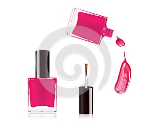 Pink nail polish in bottle with the bottle lid on top and nail smear drop isolated on white background. Vector