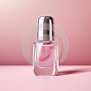 Pink nail polish bottle isolated on pink background. Square frame. AI