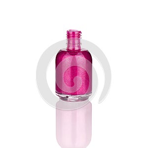 Pink nail polish glass bottle & mirror reflection white background isolated closeup, opened varnish package & shadow, one lacquer