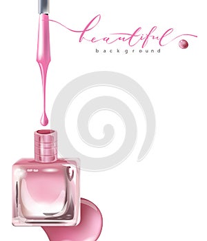 Pink nail polish in glass bottle open lid and color drop of nail polish.Template Vector.