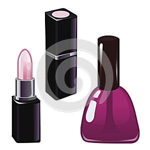 Pink nail polish and pink lipstick isolated on white background. Vector illustration.