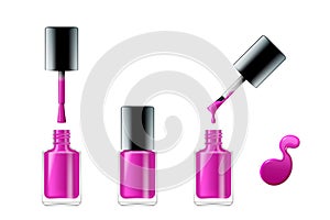 Pink nail polish realistic opened and closed bottle with lid, brush and paint drop isolated
