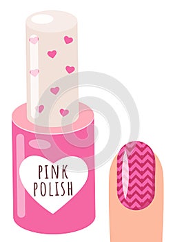 Pink nail polish and a woman s hand with a pattern on the nail, varnish manicure salon accessory