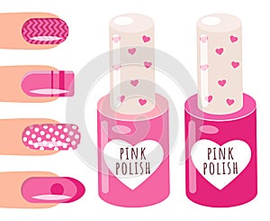 Pink nail polish and a woman s hand with a pattern on the nails, varnish manicure salon accessory