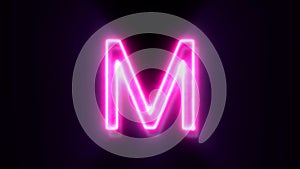 Pink neon font letter M uppercase blinks and appear in center