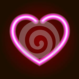 Pink neon glowing heart symbol of love on dark background of illustration