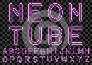 Pink neon light bulbs custom font . Handcrafted alphabet for design. Vector .