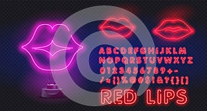 Pink neon lips. Romantic kiss, kissing couple lip bar. Vector set of realistic isolated neon erotic lips sign for decoration and