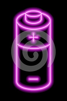 Pink neon outline of battery with plus and minus signs on a black background. Charge sign. Electricity, power