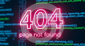Pink Neon 404 Page Not Found Error Code on Blue Code Background