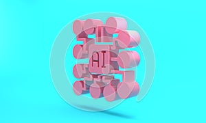 Pink Neural network icon isolated on turquoise blue background. Artificial intelligence AI. Minimalism concept. 3D