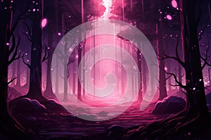 Pink night forest. Generate Ai