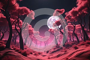 Pink night forest. Generate Ai
