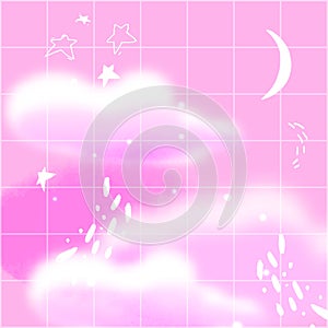 Pink night sky with cresent, fluffy clouds and hand darwn stars. Dream aesthetics illustration, retro fantasy background