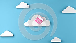 Pink notebook on one cloud with other smaller clouds, cloud computing concept, 3d illustration