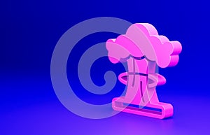 Pink Nuclear explosion icon isolated on blue background. Atomic bomb. Symbol of nuclear war, end of world. Minimalism