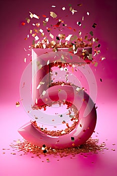 Pink number five with golden confetti. 5 Years Old. Fifth Birthday Celebration. Girls party. Special event