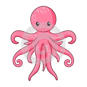 Pink octopus cartoon character in flat, line art style. Aquatic undersea animal. Underwater animal design for zoo