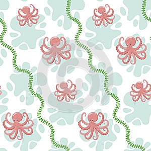 Pink octopus on green white pastel background seamless pattern for baby clothes