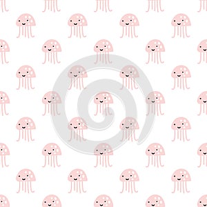 Pink octopus on white pattern background. Cute octopus seamless pattern. Marine life and animals concept. Sea monster