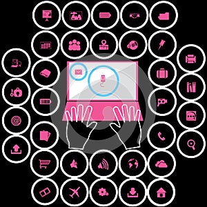 Pink office icons in metallic circle