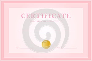 Pink official certificate of achievement template, vector illustration