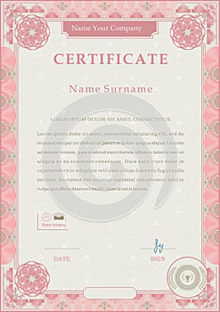 Pink official certificate. Pink guilloche border on beige background