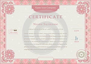 Pink official certificate. Pink guilloche border on beige background