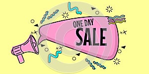 pink one day sale banner with loudspeaker icon.