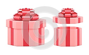 Pink open and closed festive polygon gift box with red bow ribbon anb bow 3d vector illustration