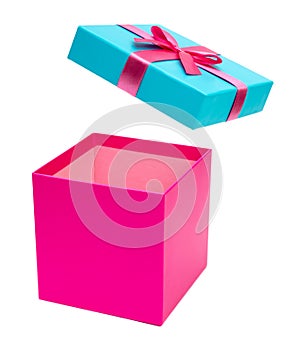 Pink open gift box with bow isolated