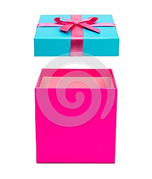 Pink open gift box with bow isolated