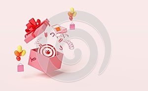 Pink open gift box with target red darts or arrow isolated on pink background.shopping sale,christmas and new year day concept,3d