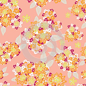 Pink orange blooming lantana flower bouquet summer floral seamless vector pattern for fabric, wallpaper, scrapbooking