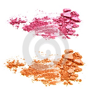 Pink and orange crushed eyeshadows isolated on white background.