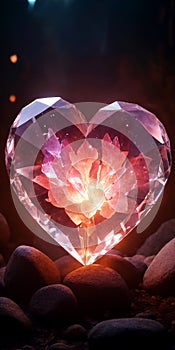 A pink-orange glowing heart-shaped crystal on a black background. Wallpaper for your phone.
